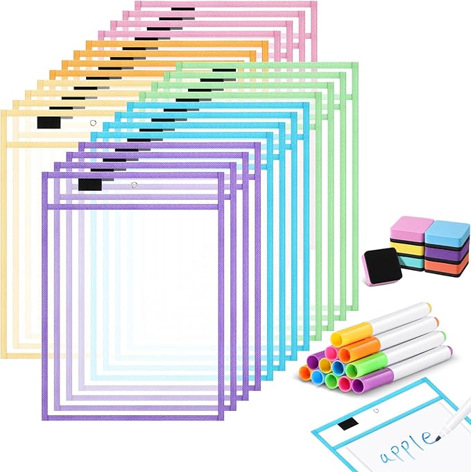 24 Pack Dry Erase Pocket Reusable Sleeves 10" x 14" Clear Plastic Sheet Protectors with Dry Erase Markers and Mini Sleeves Paper Teacher Supplies(Pastel)