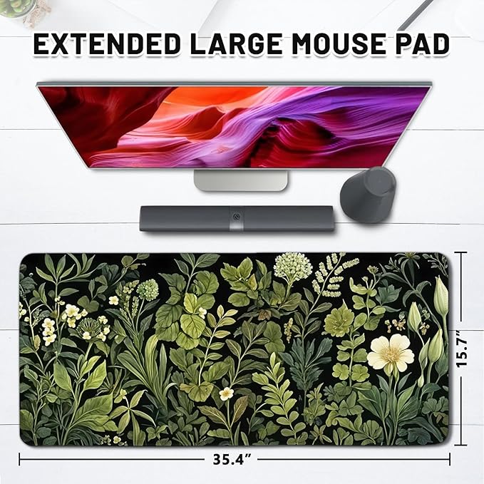 Gaming Mouse Pad Flower Botanical Extra Large, Oversized VintageFloral Plant Mousepad Non-Slip Base Stitched Edges, Birthday Gifts for Women Men, Long Desk Mat for Keyboard and Mouse 15.7”x 34.7”XXL