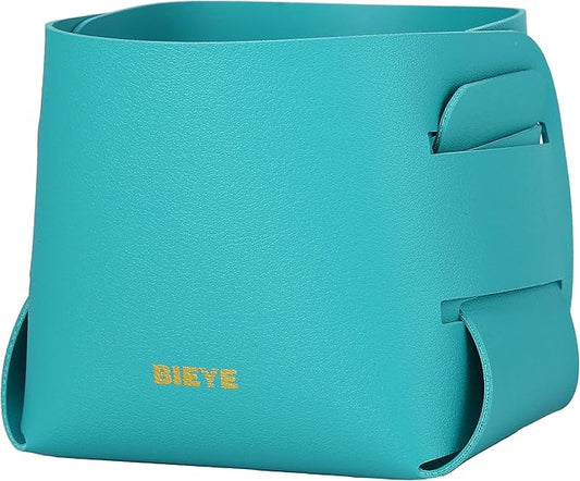 Bieye LSB002 Collapsible Leather Storage Bin Decorative Desk Organizer for Jewelry Makeup Pen Pencil Glasses Remote Controller Storage (Turquoise, 4WX4LX4H)