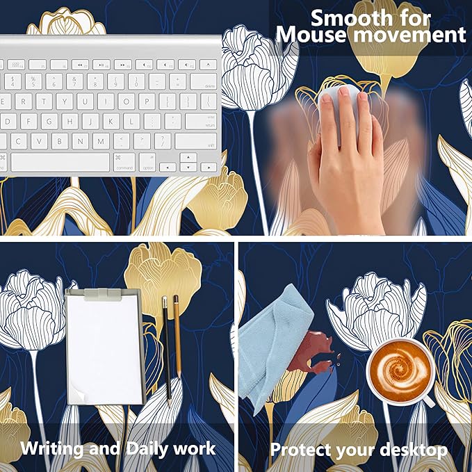 MIOAOSRT Desk Mat,Luxury Gold Tulip Flower Large Gaming Mouse Pad with Stitched Edges,Non-Slip Computer Mouse Pad for Desk,Extended XXL Keyboard and Mouse Pad 35.4x15.75 in