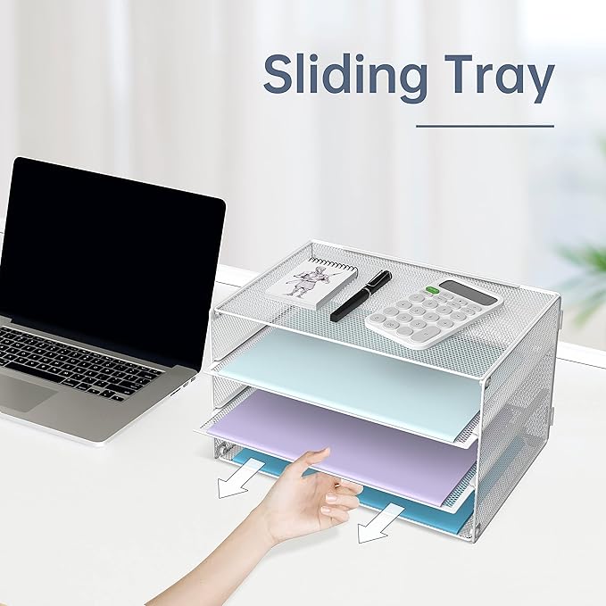 DALTACK 3 Tier Letter Tray Paper Organizer Mesh Metal Desk File Organizer for Home & Office, White 2 Pack