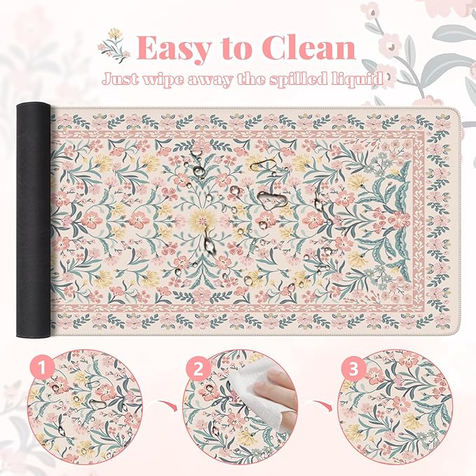 HAOCOO Desk Matt for Desktop, Cute Desktop Pad for Keyboard and Mouse,Non-Slip Pink Keyboard Mat for Computer, Floral Mouse Pad with Stitched Edge, Large Mouse Pad for Office Aesthetics