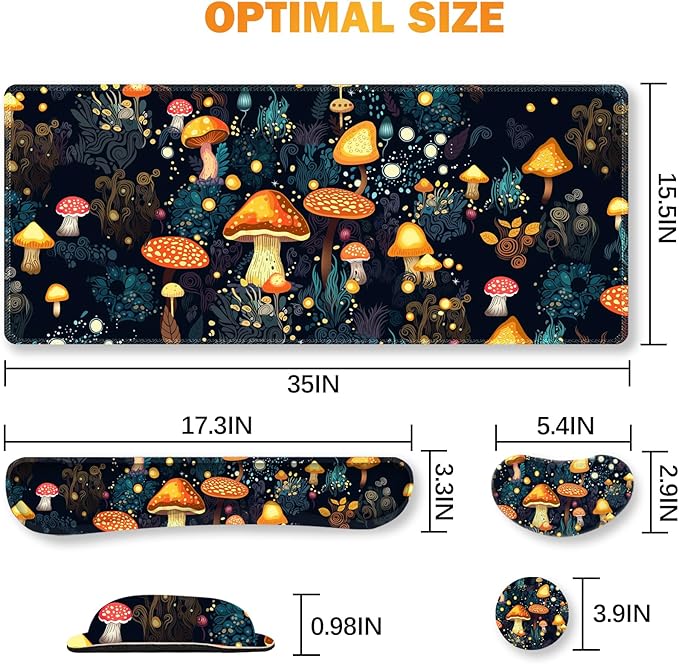 ARTSO Large Gaming Mouse Pad, Keyboard Wrist Rest Pad & Wrist Support Mousepad Set, Stitched Edge, Extended, Non-Slip Base, Memory Foam Desk Mat for Office, Home, Cute Mushrooms
