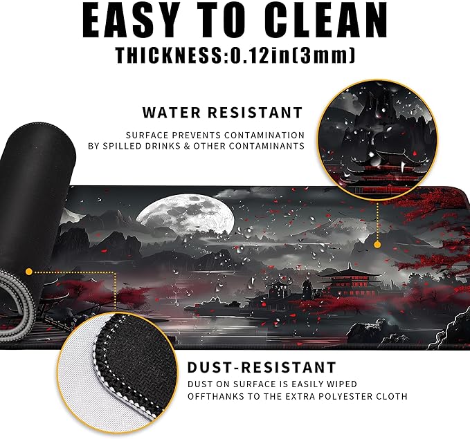 Japanese Desk Mat Riverside Full Moon Large Mouse Pad Gaming Mousepad Extended XL Keyboard Mat Computer Laptop Mouse Desktop Mat 31.5 X 11.8 Desk Decor