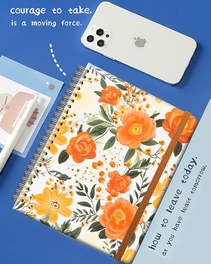 Ruled Spiral Writing Notebook,A5 Hardcover Lined College Journal for Women Lady Girl,Strong Twin-Wire Binding with Premium Paper,8.4" X 6",Perfect for School,Office,Home Gifts(orange flower)