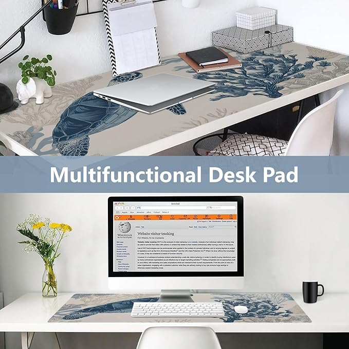 Mouse Pad Desk Mat Leather Desk Pad Large Gaming Desk Cover Protector Mat for Keyboard Computer Laptop Office Waterproof 47.2 x 23.6 Inch Beige and Blue Ocean Turtles Corals