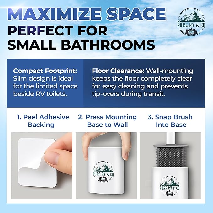 RV Toilet Brush and Holder Set, Compact Silicone Bowl Brush for Camper, Trailer & RV Toilets – Wall Mounted, Flexible Head, RV Bathroom Must-Have