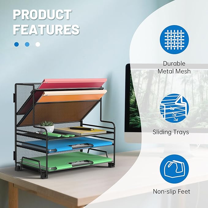 Desk File Organizer, 3-Tier Letter Tray Paper Organizer and 2-Pocket Metal Hanging Basket for Office School Classroom Organization