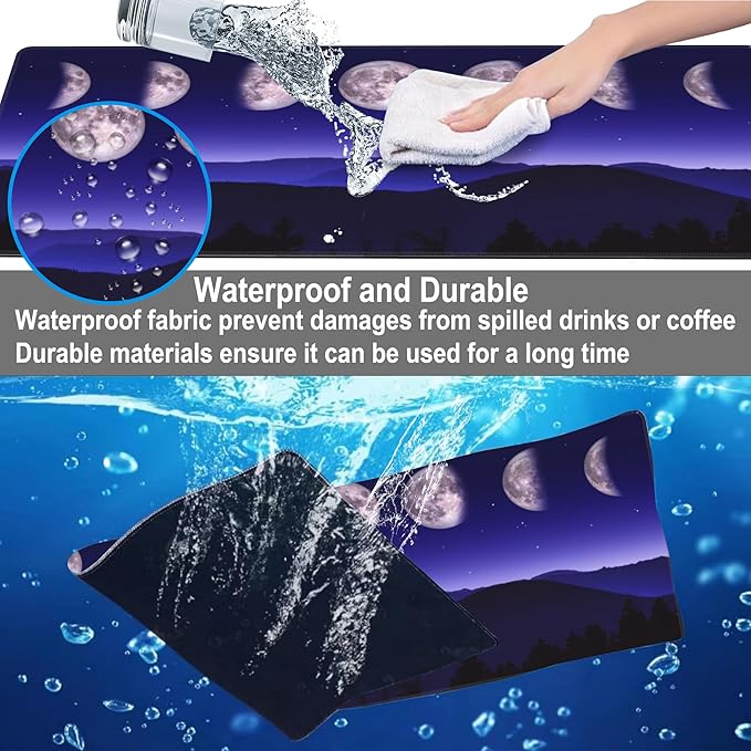 Mouse Pad, Large Moon Phases and Mountain Forest Desk Mat, Extended Non-Slip Gaming Keyboard Mousepad Desk Pad, Thick Stitched Edges Waterproof Mouse Mat 31.5"x15.7" (Moon Phase Changes)