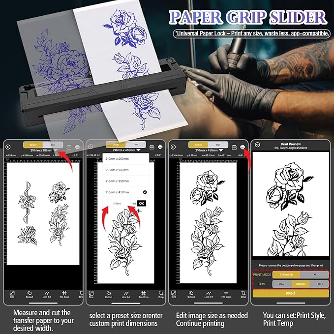 Wireless Tattoo Stencil Printer, Portable Bluetooth Thermal Tattoo Printer with App Custom-Size≤ A4, Print Realistic Portraits, 10 Transfer Papers Included, Works for Phone/Tablet/PC - Black