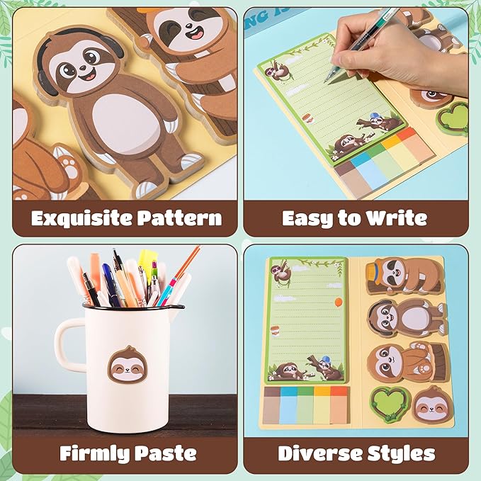B1ykin Sticky Notes Set - Cartoon Theme Cute Self-Stick Notes Pad Teacher Appreciation Gifts， Self-Adhesive Writing Memo Pages Sticky to Do Notepad for Kids Employee School Office (Sloth)