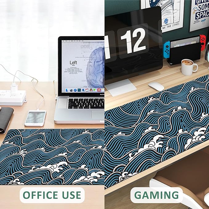 Extended Gaming Mouse Pad Abstract Ocean Waves Large Mousepad with Stitched Edges,Anti-Slip Rubber Base Keyboard Mouse Mat Desk Pad for Gaming Home Office 35.4 x 15.7 inches