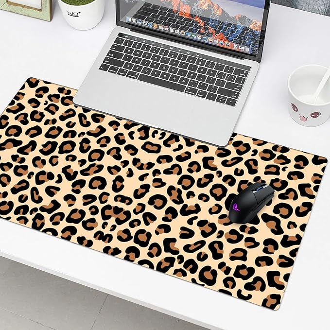 Brown Leopard Desk Pad Protector, Stitched Edges Mouse Pad, Large Office Mat, Non-Slip Blotter, Laptop Pad, Writing Pad for Office and Home (31.5" x 15.7")