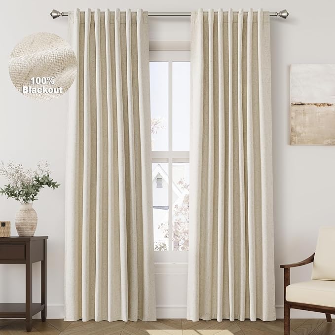 Tan Beige Linen Blackout Curtains 86 Inches Long for Bedroom Back Tab Burlap Flax Linen drapes Blackout Rustic Farmhouse Full Light Blocking Thermal Insulated Curtain 86 Inch Length 2 Panels