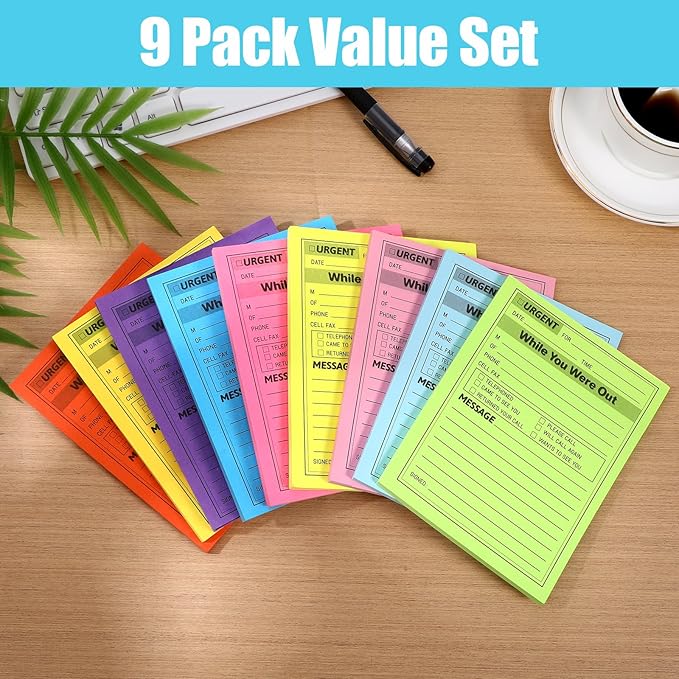 9 Set While You Were Out Message Pad, Colorful Phone Message Pads for Office Use, 4x5in Sticky Notes Urgent Self-Stick Memo Notepads for Desk Call Records, Neon Note Sheets for Workplace Communication