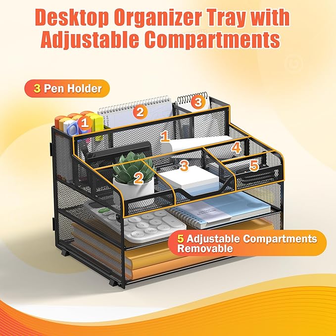 Docnest 3 Tier Mesh Desk Organizer for Paper Office Supplies – Multi-Functional Letter Tray with 5 Adjustable Compartments, 3 Pen Holders, Desktop Storage for Files, Mail, Stationery – Black