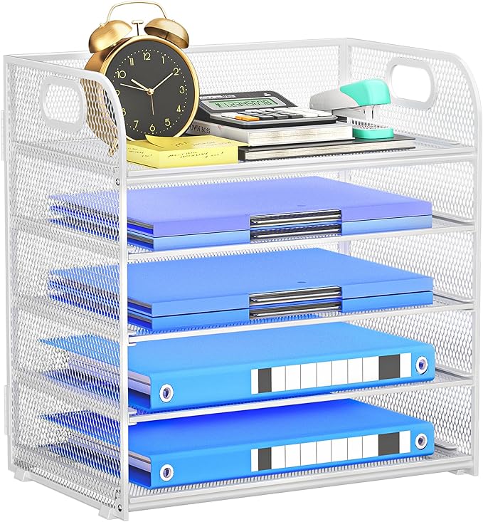 5 Tier Paper Organizer for Desk Organizer with Handle Mesh Letter Tray Organizer and Accessories Paper Sorter for Office or School-White