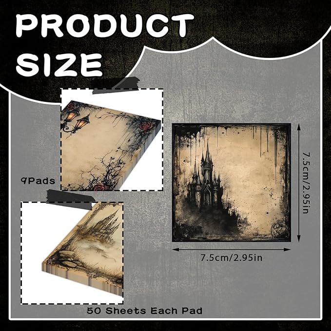 ZCPTZ 9 Pcs Gothic Style Notepads 3" x 3" Self-adhesive Goth Note Pads Memo for Office Work School Home Halloween Decor Supplies- 450 Sheets Reusable Gothic Sticky Notes