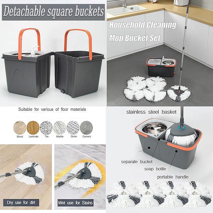 HOLJUS Spin Mop and Detachable Bucket Set with 5 Reusable Microfiber mop Head Dual-Chamber Water System Spining Mop Floor Cleaning Kit for Hardwood Tile Laminate Floors (Gray)