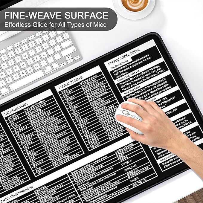 Excel Shortcut Keys Mouse Pad, Large Extended XL XXL Cheat Sheet Gaming Mouse Pad, Office Spreadsheet Desk Mat, Long Big Keyboard Mat, Desk Pad for Desktop, Non-Slip, Stitched, 35.4" x 15.7", Black