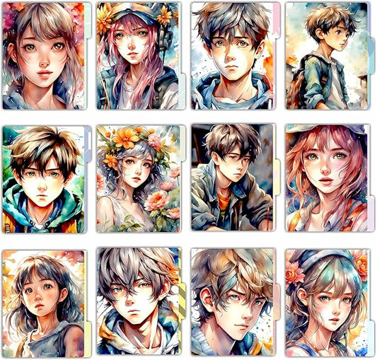 PARTH IMPEX 12 Pack Decorative File Folders, 1/3 Cut Tab with Assorted Positions, Letter Size Paper Holders (9.75” x 11.75”) Matte Finish Laminated for Office School Work - Anime Design