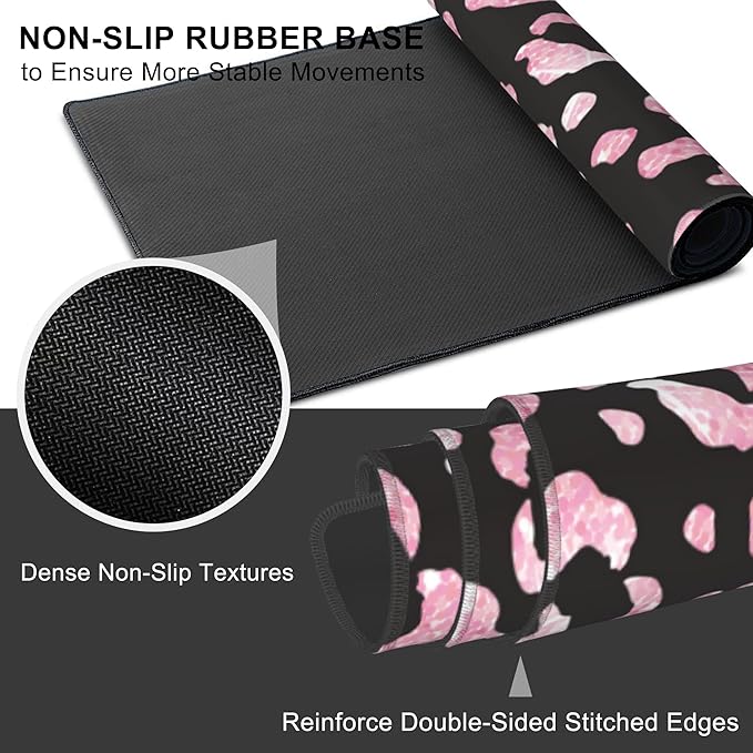 Mouse Pad, Large Rose Pink Leopard Printings Desk Mat, Extended Non-Slip Gaming Keyboard Mousepad Desk Pad, Thick Stitched Edges Waterproof Mouse Mat 31.5"x15.7" (Glittery Leopard Prints)