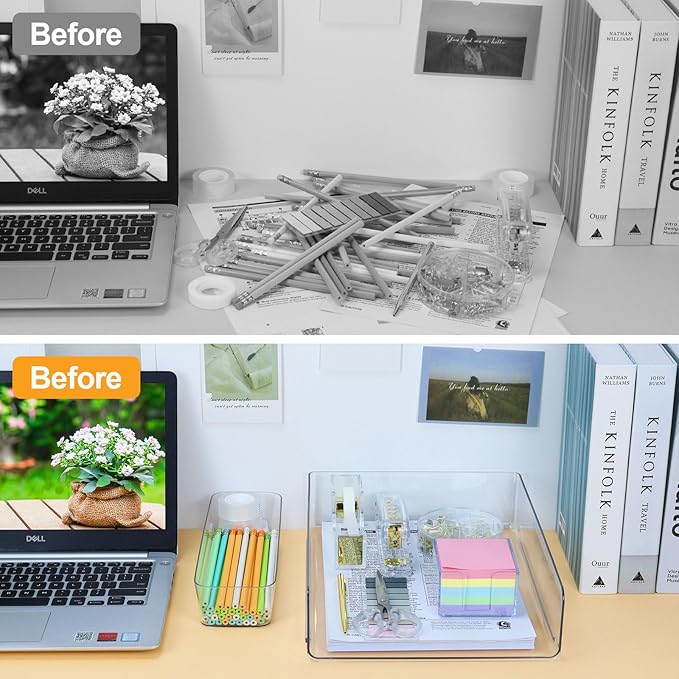 Buqoo Gold Acrylic Sticky Note Holder with 5 Pack Sticky Notes, Stapler and Tape Dispenser Cutter with Staple Remover, Scissor, Ballpoint Pen, Sticky Notes, Paper Clips, File Tray