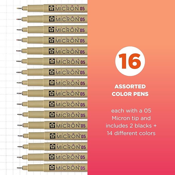 SAKURA Pigma Micron Fineliner Pens - Archival Black & Colored Ink Pens - for Writing, Drawing, or Journaling - Black & Colored Ink - 05 Point Size - 16 Pack