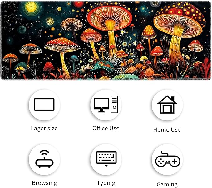 Desk Mat Large Gaming Mouse Pad (31.5x11.8 inch) with Stitched Edges, XL Mouse Pad +Coaster, Extended Mouse Mat Keybroad Mousepad Non-Slip Rubber for Gamer Men Women, Mushrooms Night