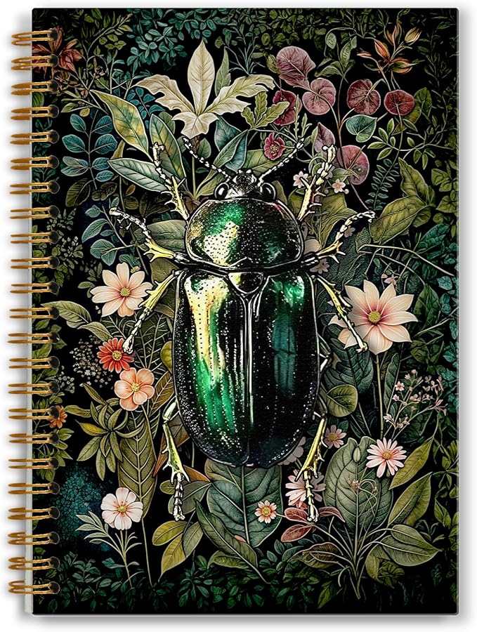 Vintage Floral Beetle Notebook, Retro Moody Wildflower Insect Journal, Dark Cottagecore Botanical Journal for Writing, Rustic Floral Spiral Notebook 5.5x8.3 Inch