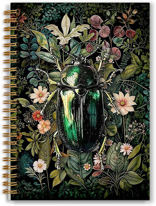 Vintage Floral Beetle Notebook, Retro Moody Wildflower Insect Journal, Dark Cottagecore Botanical Journal for Writing, Rustic Floral Spiral Notebook 5.5x8.3 Inch