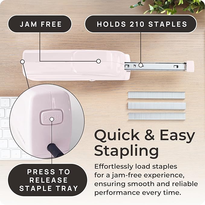 Portable Automatic Electric Stapler - 30 Sheet Capacity, Quiet Operation, Jam-Free and Easy Reload - AC Adapter/Battery Powered (Pink)