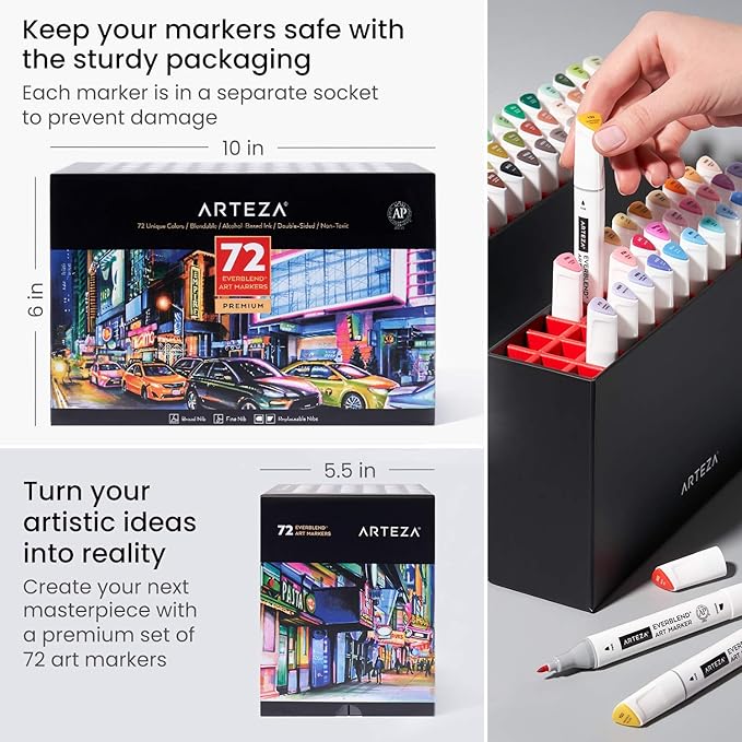 ARTEZA Art Alcohol Markers Set of 72 Colors, EverBlend Dual Tip Markers with Organizer Box, Fine and Broad Chisel Nib