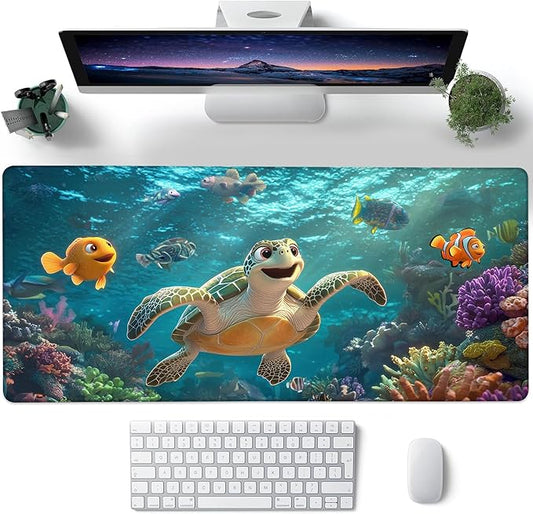 Desk Pad, Cute Cartoon Sea Turtle XXL Gaming Mouse Pad with Stitched Edges,Non-Slip Waterproof Rubber Base Large Desk Mat for Keyboard and Mouse 35.4"x15.7"