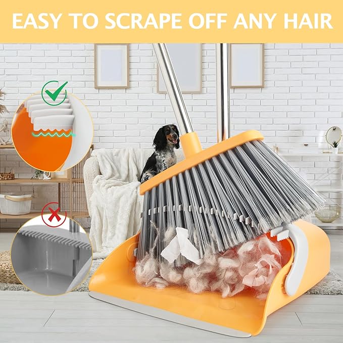 XXFLOWER Broom and Dustpan Set, Dustpans with Broom Combo for Home, Heavy Dust Dustpan and Broom Combo, Long Handle Dust Pan and Broom Set for Kitchen, Office, Pet Hair(Gray Yellow)