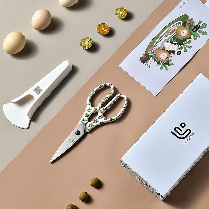 Linoroso Kitchen Scissors Heavy Duty Kitchen Shears with Magnetic Holder Made with Japanese Steel 4034, Multipurpose Ultra Sharp Cooking Scissors for Meat/Vegetables/BBQ/Herbs/Pizza (Graphic,Chili)