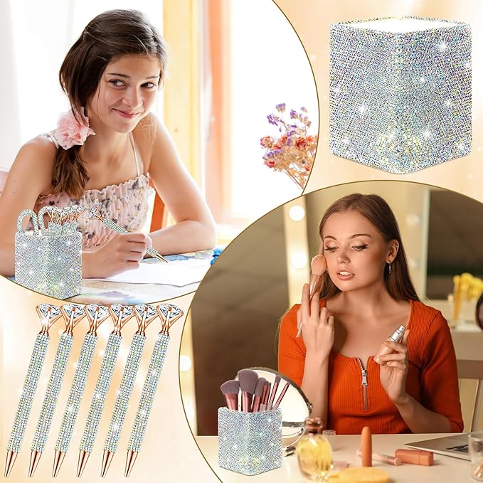 Qilery 8 Pcs Bling Desk Accessories Gift with 1 Bling Pen Holder 6 Pcs Crystal Rhinestone Pens 1 Crystal Scissors Glitter Makeup Brush Holder Vanity Decor Organizer(Multicolor)