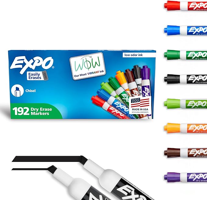 EXPO Dry Erase Markers, Low Odor Ink, Assorted Colors, Chisel Tip, 192 Count