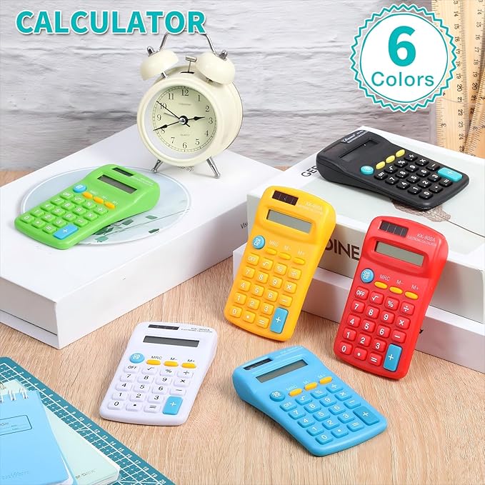 30 Pack Pocket Calculator Small Battery Powered Bulk Mini Size 4 Function Hand Held Basic Calculator for Students Kids School Home Office(Green, White, Red, Yellow, Blue, Black)