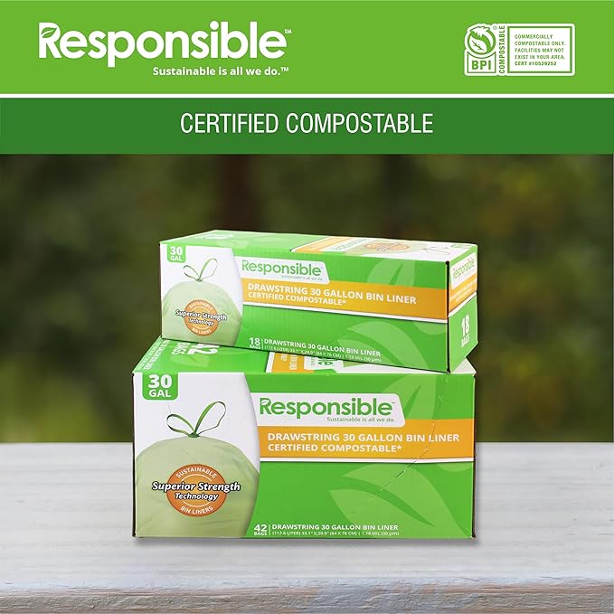 Responsible Products Kitchen Bin Liners, Certified Compostable, Heavy Duty Multipurpose Food Scrap Bags, Made from Compostable Materials (30 Gallon Drawstring, (18 Count))