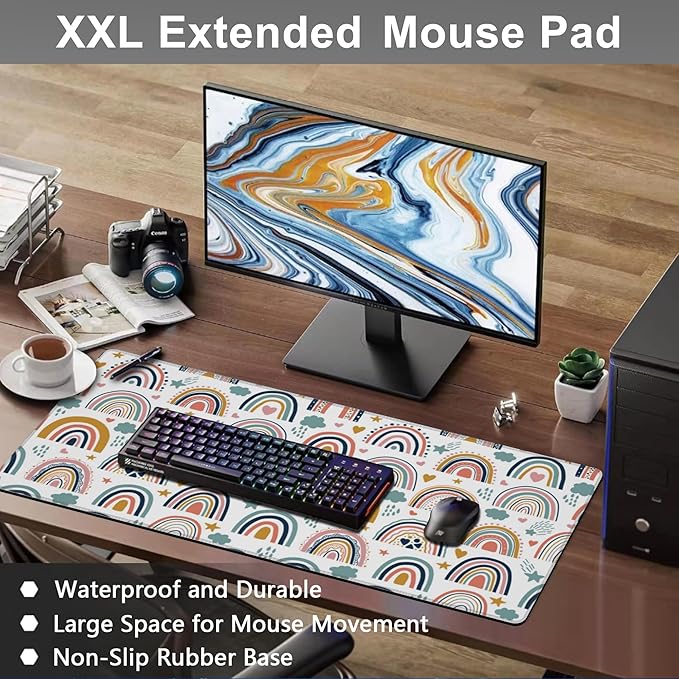 Mouse Pad, Large Boho Rainbow Desk Mat, Extended Non-Slip Gaming Keyboard Mousepad Desk Pad, Thick Stitched Edges Waterproof Mouse Mat 31.5"x15.7" (Scandi Rainbow and Stars Clouds)