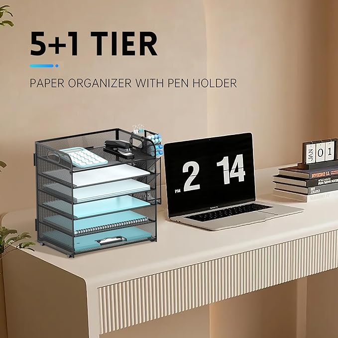 SUPEASY 6 Tier Desk Organizer with 4 Pen Holders, Mesh Paper Organizer Letter Tray with Handle, Desk Organizer Tray File Organizer for A4 File Folder, Black