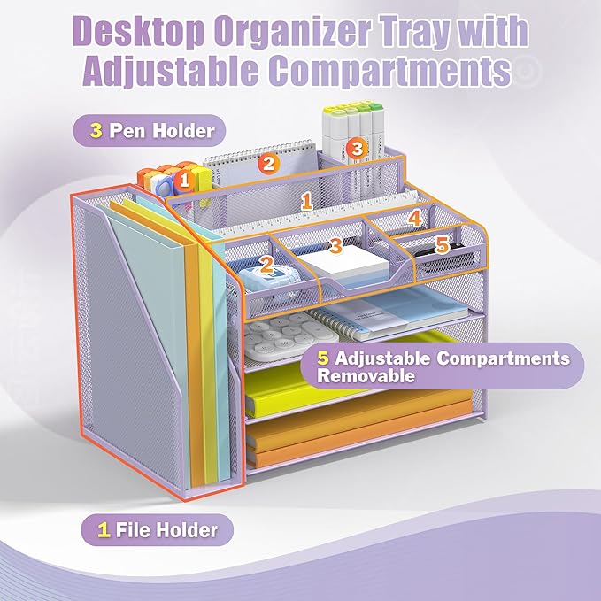 Docnest 4 Tier Mesh Desk Organizer with File Holder – Multi-Functional Paper Letter Tray with 5 Adjustable Compartments, 3 Pen Holders, Desktop Storage for Files, Mail, Stationery – Purple