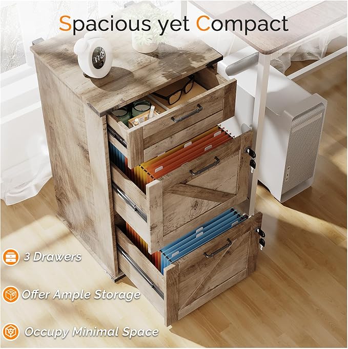 VINGLI 3 Drawer File Cabinet with Lock, Home Office Filing Organizer, for Letter Size File Folder Storage, Modern Farmhouse Style, Wood Vertical Filing Cabinet, Archivador (Rustic Gray)