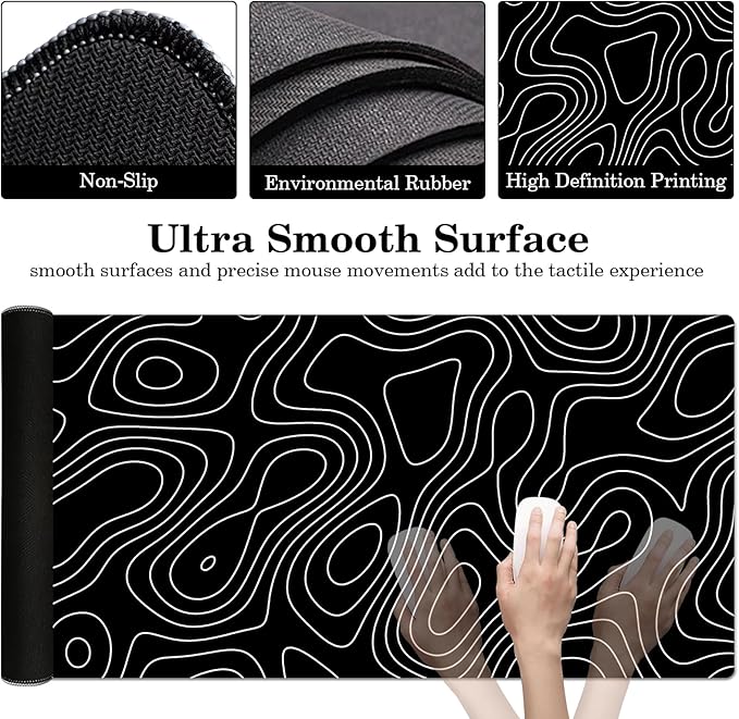 Black Topographic Desk Pad Protector, Stitched Edges Mouse Pad, Large Office Desk Mat, Non-Slip Desk Blotter, Laptop Desk Pad, Desk Writing Pad for Office and Home (31.5" x 15.7 ")
