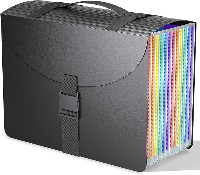 Expanding File Folders/Accordion File Organizer/Portable File Box,13 Pockets Expandable Filing Folder with Handle for Document Paper Receipt Bill Organizer,A4/Letter Size,Colored Tabs,Black Matte