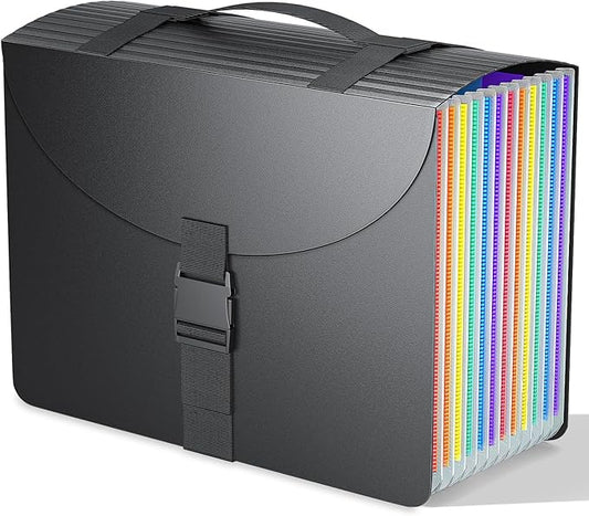 Expanding File Folders/Accordion File Organizer/Portable File Box,13 Pockets Expandable Filing Folder with Handle for Document Paper Receipt Bill Organizer,A4/Letter Size,Colored Tabs,Black Matte