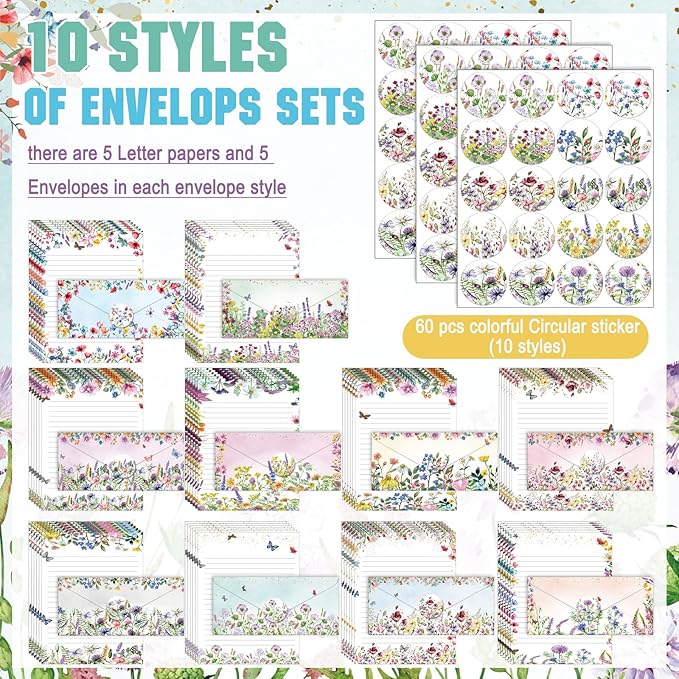 TaoBary 160 Pcs Stationery Paper Set 50 Double Sided Stationery Papers with 50 Matching Envelopes and 60 Round Dot Sticker, 10 Design(Wildflower,8.5 x 11 Inch)