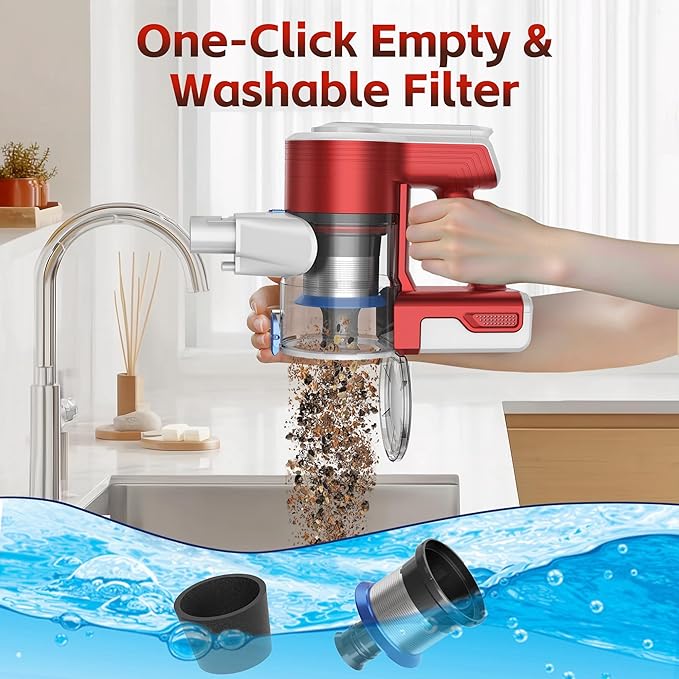 Cordless Vacuum Cleaner for Home, 45Kpa Lightweight Stick Vacuum with Powerful Suction, Rechargeable Battery Up to 50mins, Handheld Vacuum Cleaners for Hardwood Floors, Carpets, Pet Hair - Red