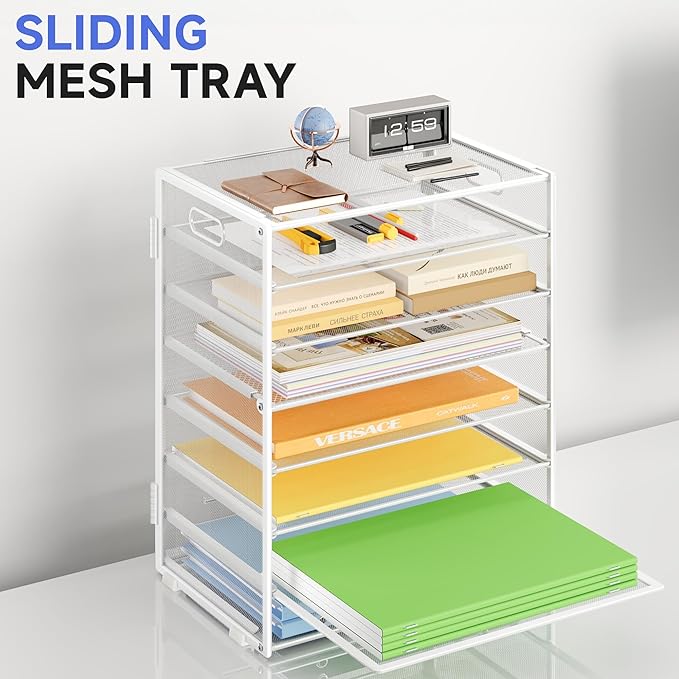 8 Tier Paper Organizer with Handle, Metal Mesh Desk File Organizer, Large Capacity Desk Organizers Paper Letter Tray Desktop Document Sorter for Office, Home or School - White